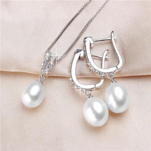 Minimalist Fresh Water Pearl Jewelry Set For with Cubic Zirconia Pendant Set - Picture 2 of 7